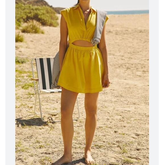Anthropologie Mustard Yellow Cutout Short Sleeved Cotton Blend Mini Dress Small - Picture 1 of 7